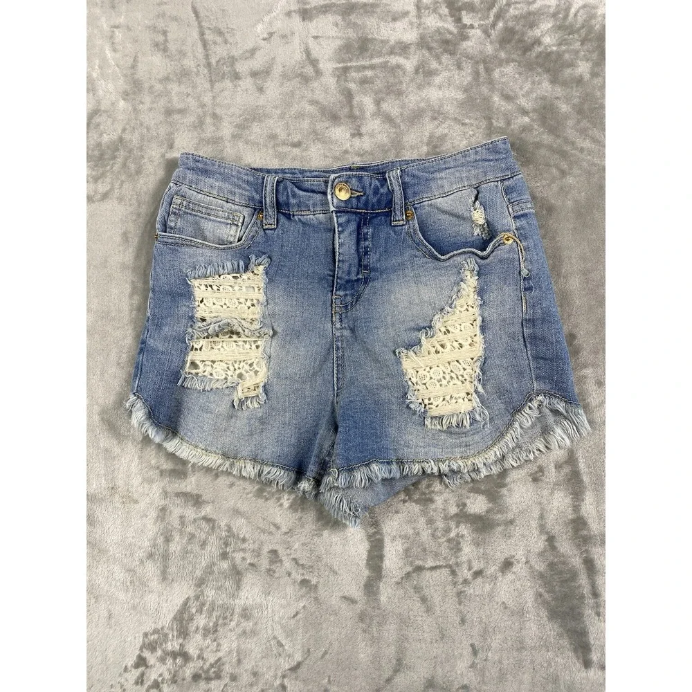 Mossimo Denim Shorts Womens Sz 4/27 High Rise Shortie Destroyed Lace Embellished
